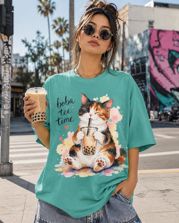 Boba tea calico cat graphic T-shirt